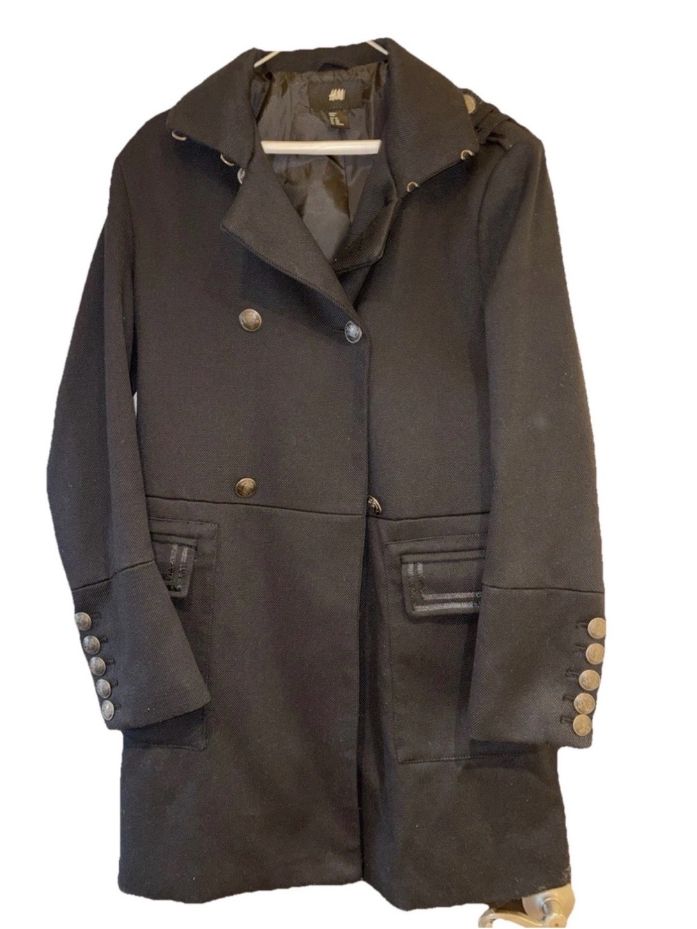 H&M Men Black Military Coat 38R Button Epaulette Stand-Up Collar Double Breasted